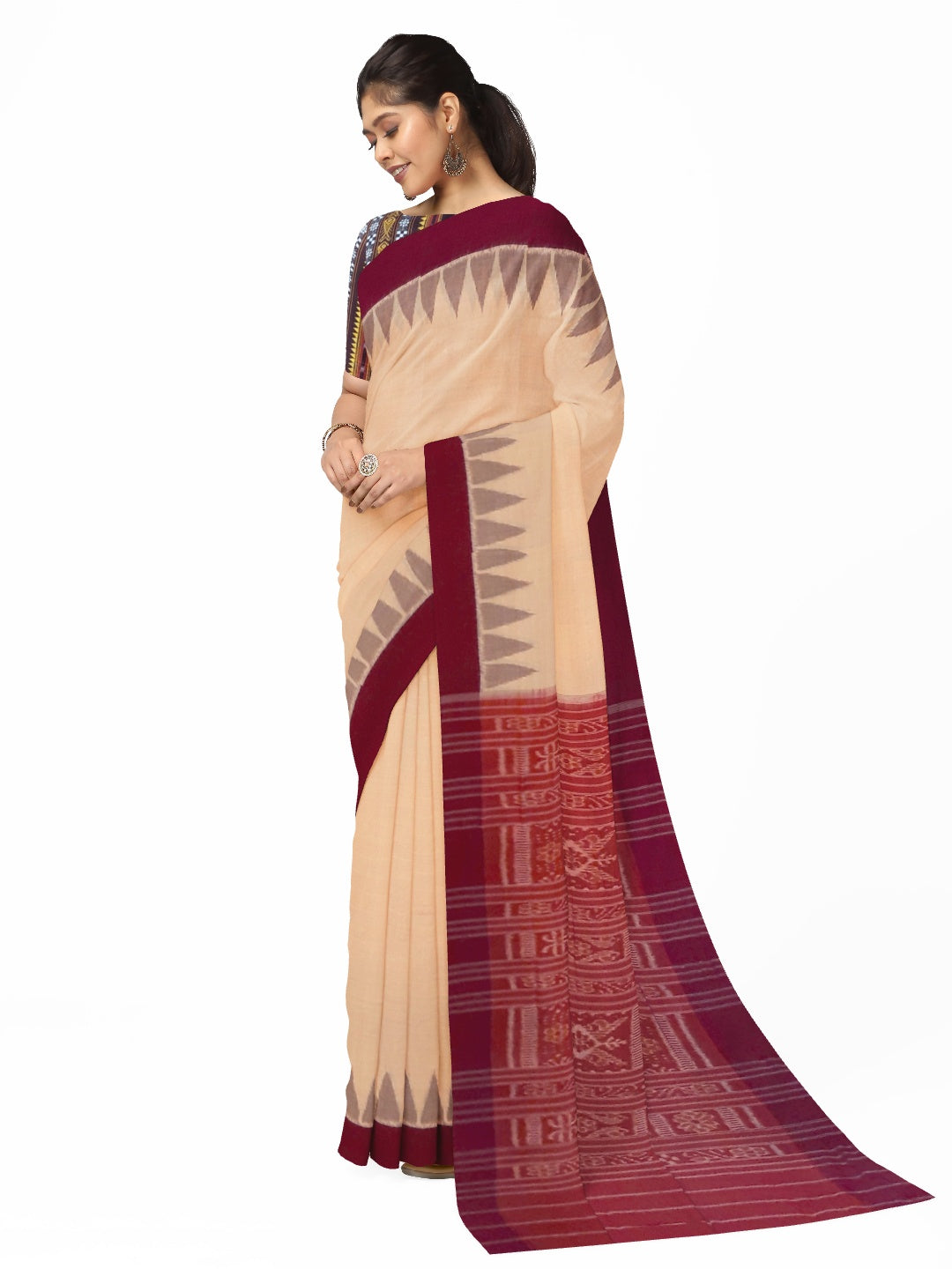 Beige with Maroon Cotton Odisha Ikat saree with mix match cotton ikat blouse piece