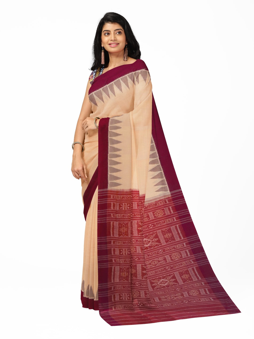 Beige with Maroon Cotton Odisha Ikat saree with mix match cotton ikat blouse piece