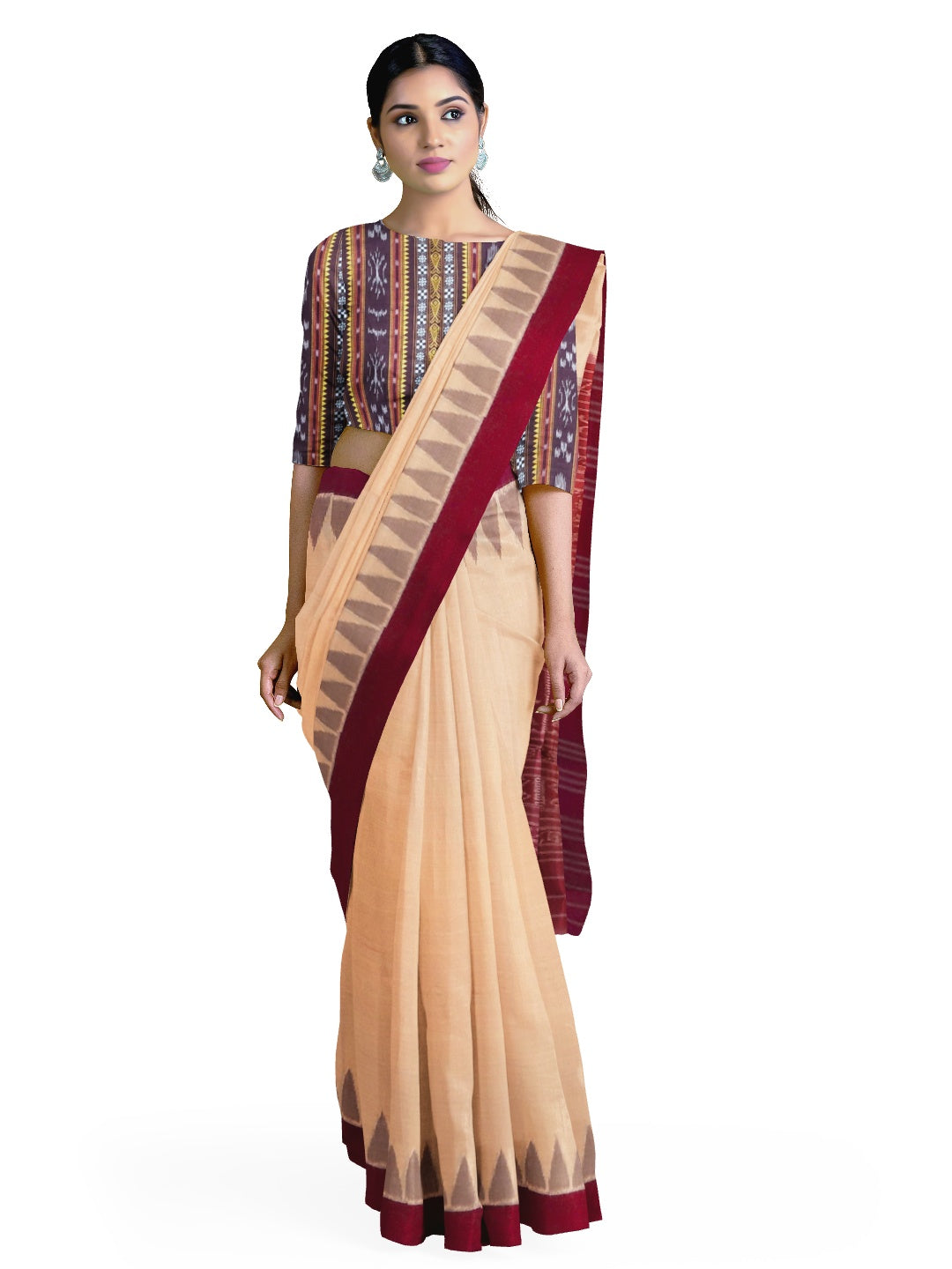 Beige with Maroon Cotton Odisha Ikat saree with mix match cotton ikat blouse piece