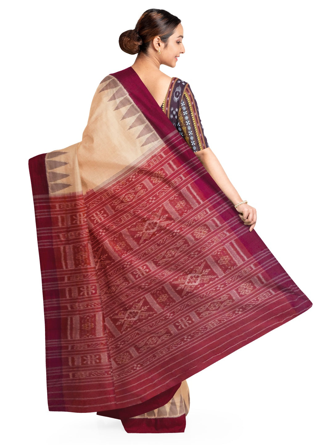 Beige with Maroon Cotton Odisha Ikat saree with mix match cotton ikat blouse piece