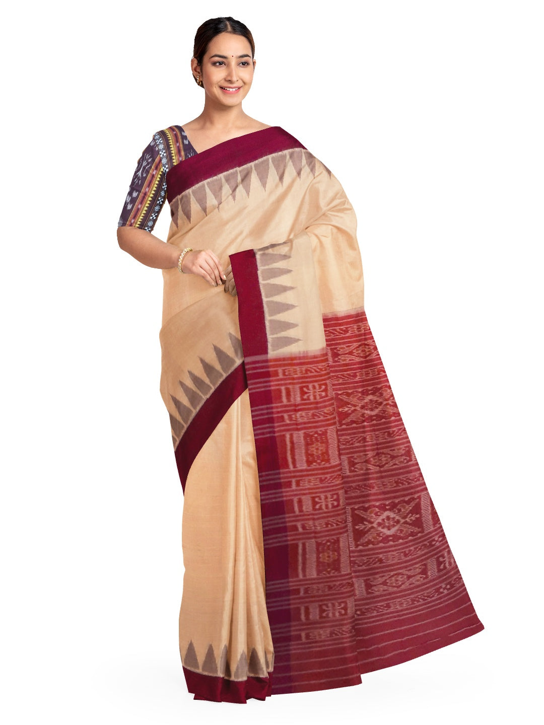 Beige with Maroon Cotton Odisha Ikat saree with mix match cotton ikat blouse piece