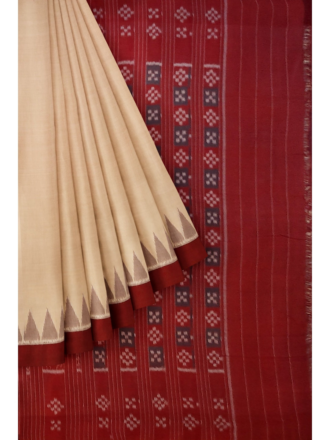 Beige with Maroon Cotton Odisha Ikat saree with mix match cotton ikat blouse piece