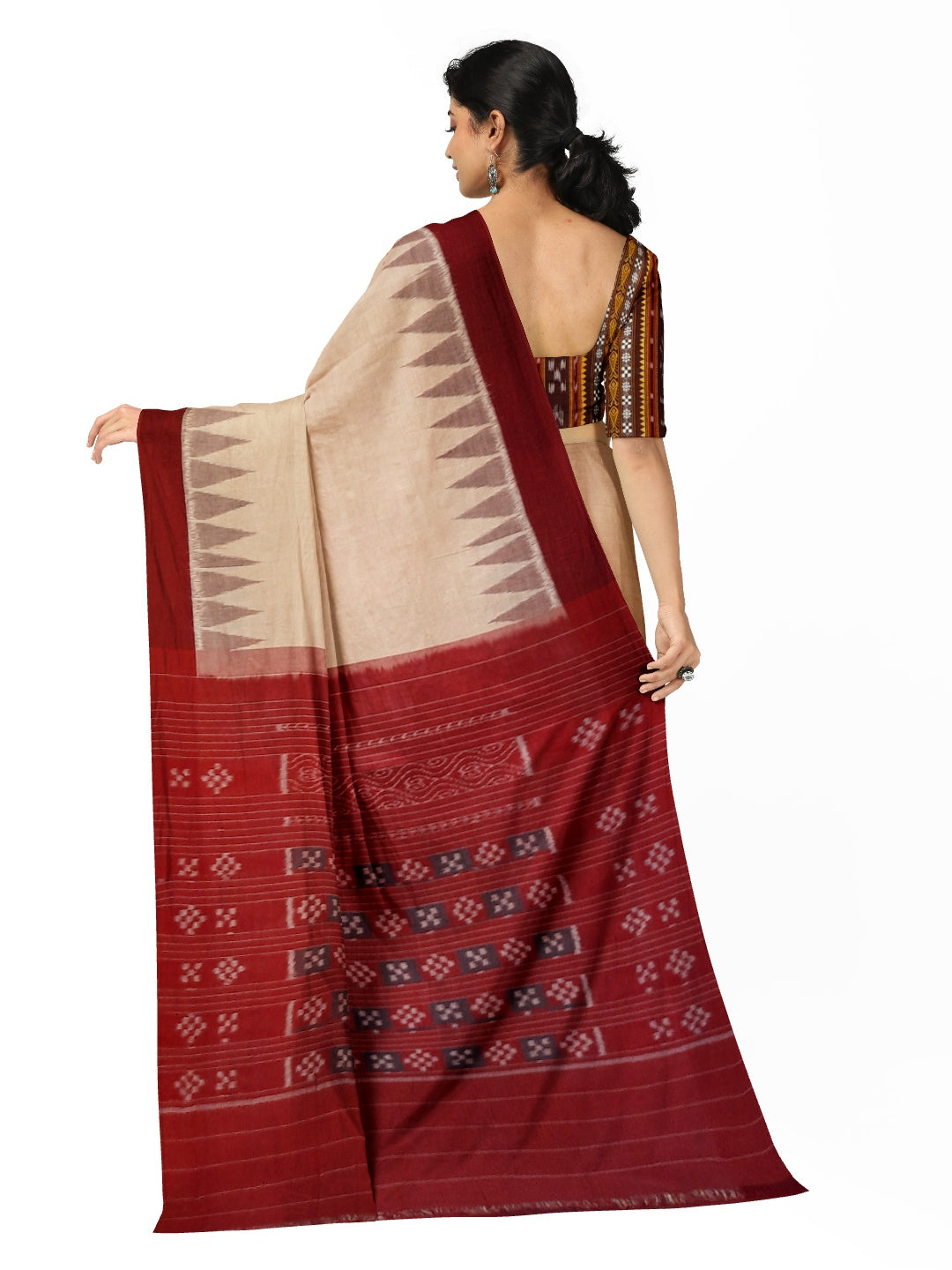 Beige with Maroon Cotton Odisha Ikat saree with mix match cotton ikat blouse piece