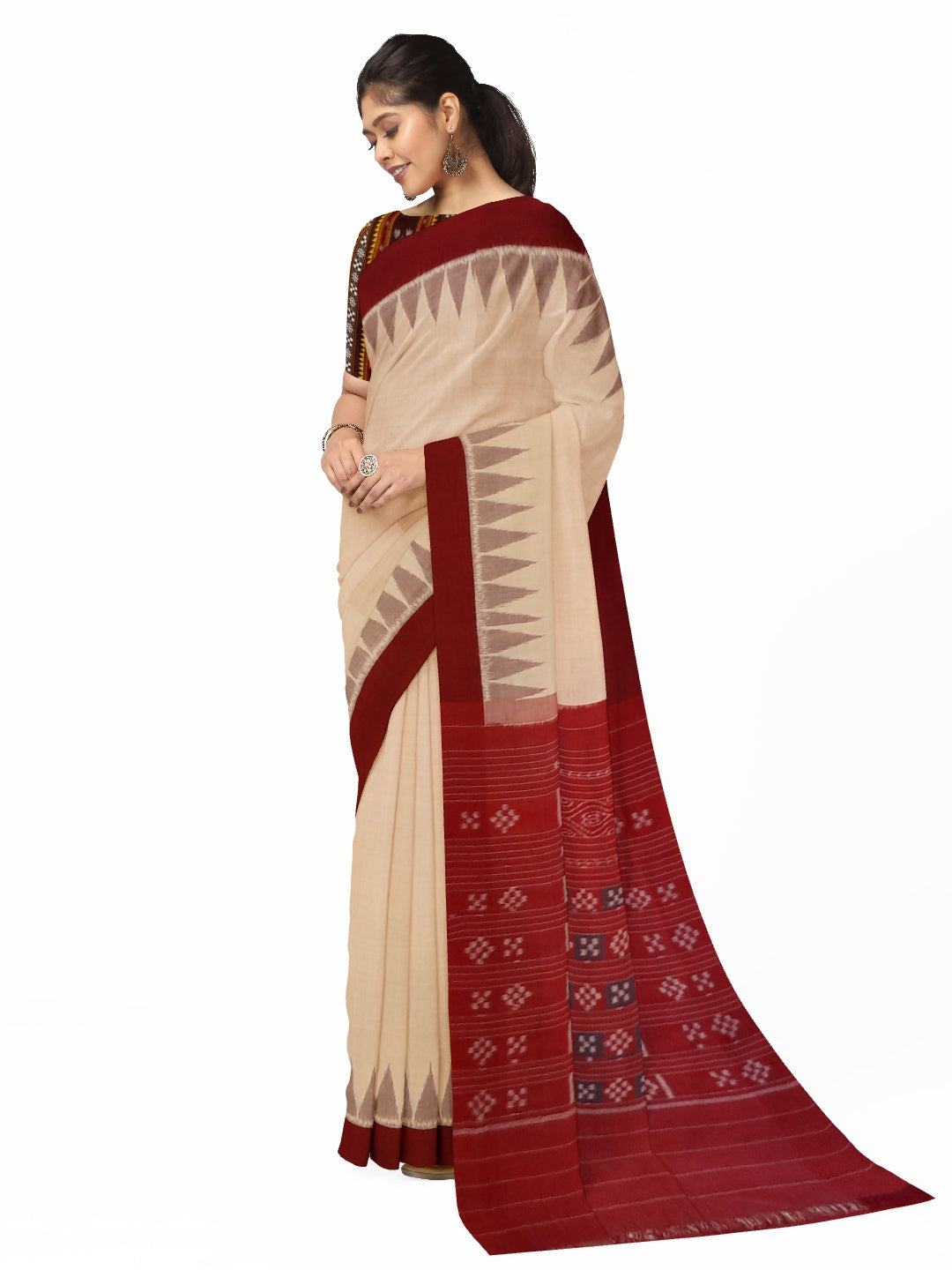 Beige with Maroon Cotton Odisha Ikat saree with mix match cotton ikat blouse piece
