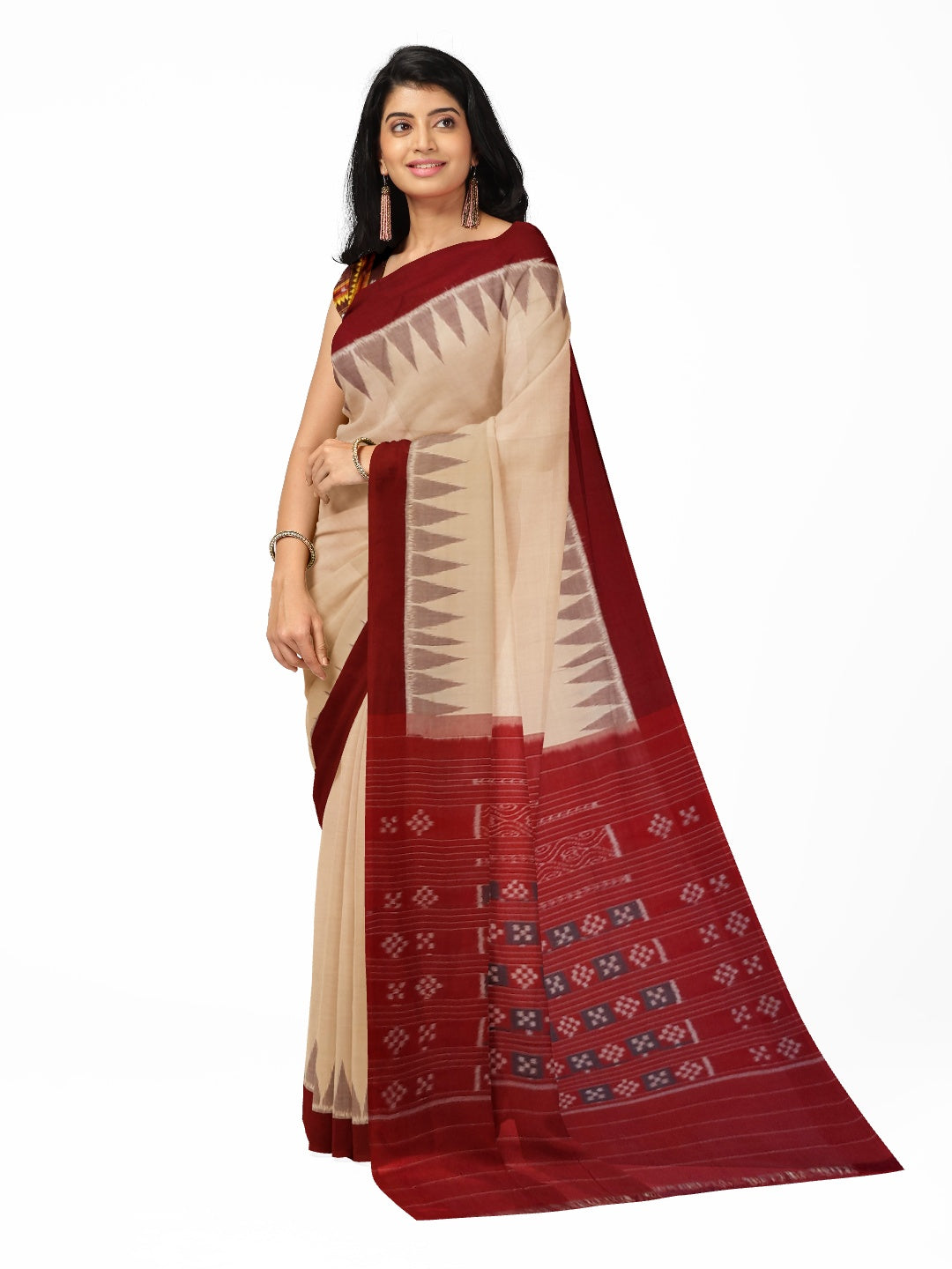 Beige with Maroon Cotton Odisha Ikat saree with mix match cotton ikat blouse piece