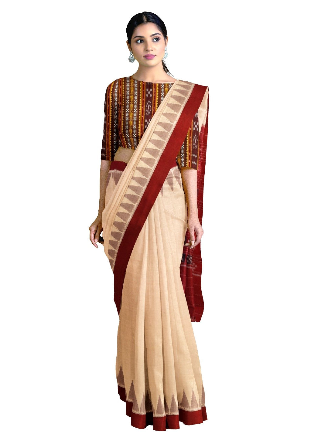 Beige with Maroon Cotton Odisha Ikat saree with mix match cotton ikat blouse piece