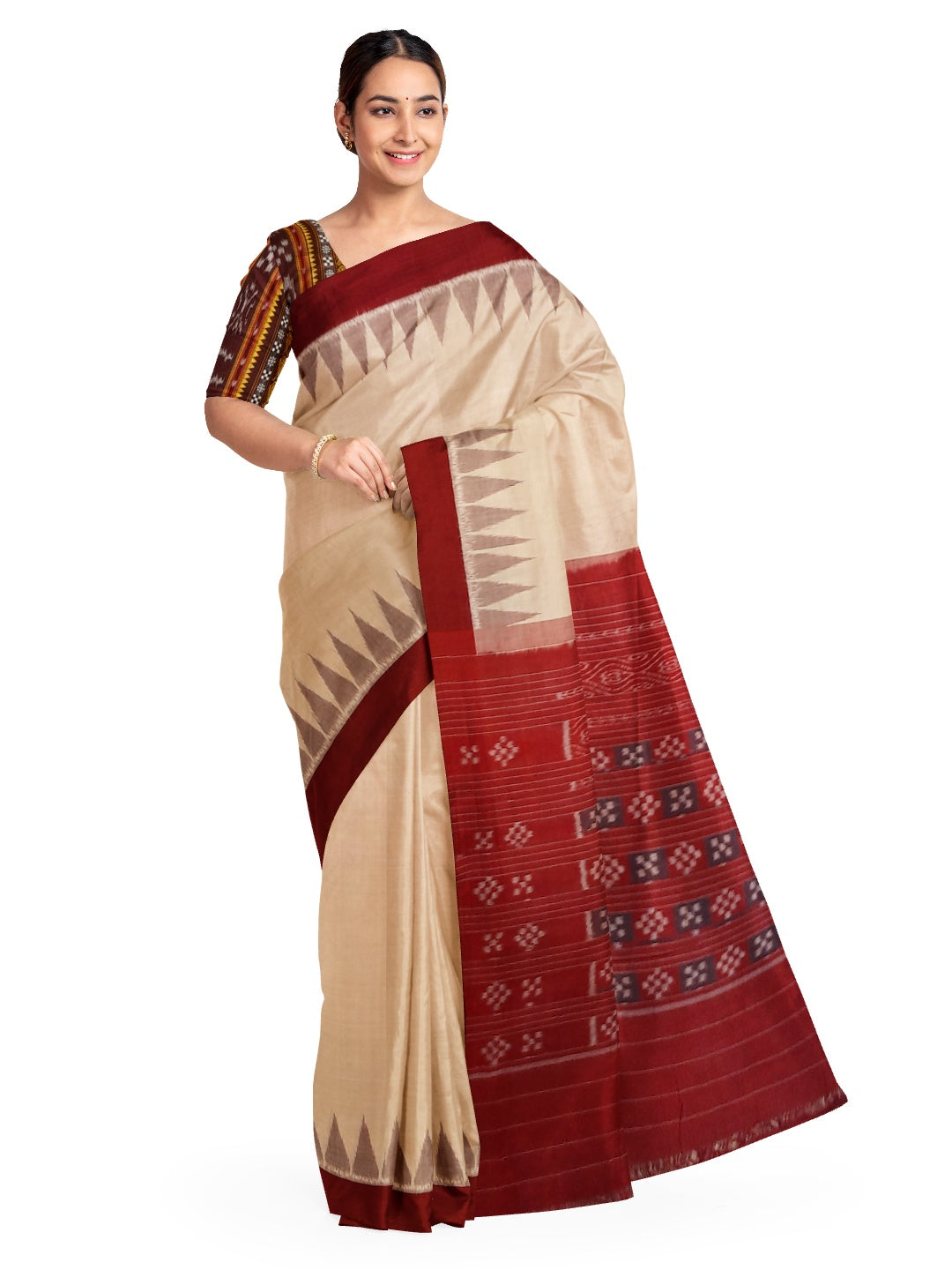 Beige with Maroon Cotton Odisha Ikat saree with mix match cotton ikat blouse piece