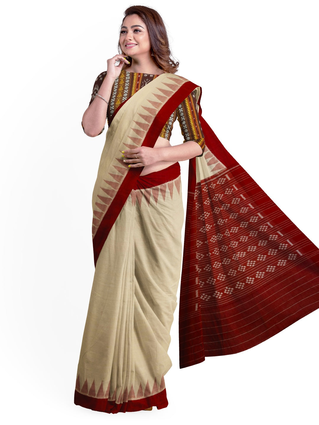 Beige with Maroon Cotton Odisha Ikat saree with mix match cotton ikat blouse piece