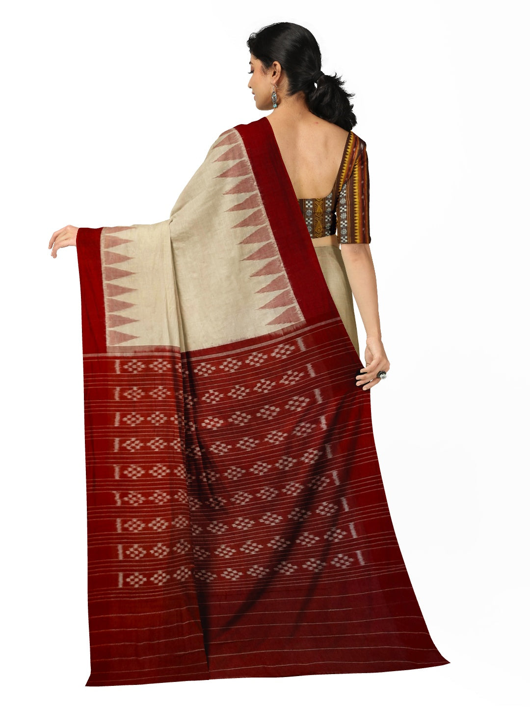 Beige with Maroon Cotton Odisha Ikat saree with mix match cotton ikat blouse piece