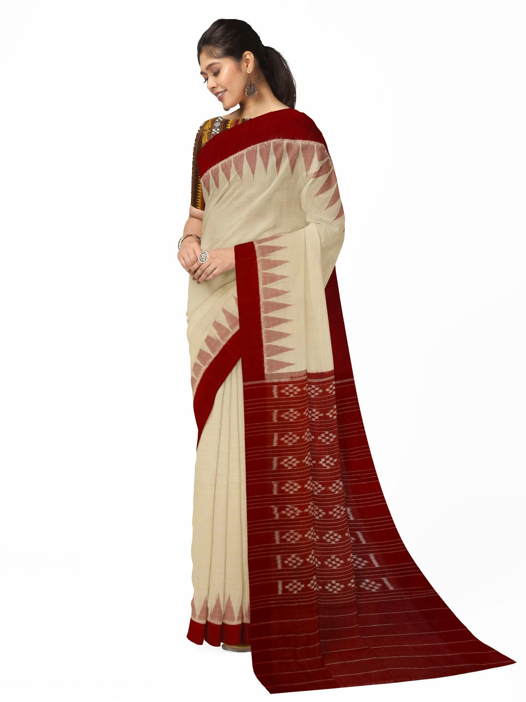 Beige with Maroon Cotton Odisha Ikat saree with mix match cotton ikat blouse piece