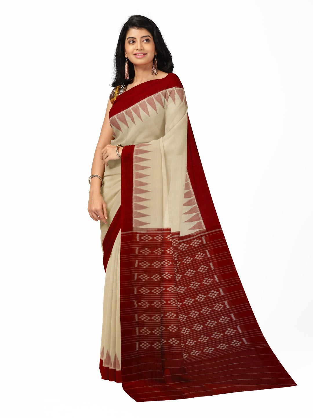 Beige with Maroon Cotton Odisha Ikat saree with mix match cotton ikat blouse piece