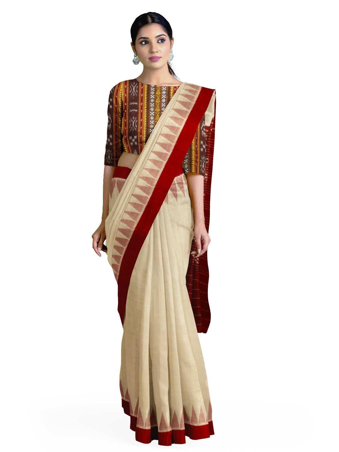 Beige with Maroon Cotton Odisha Ikat saree with mix match cotton ikat blouse piece