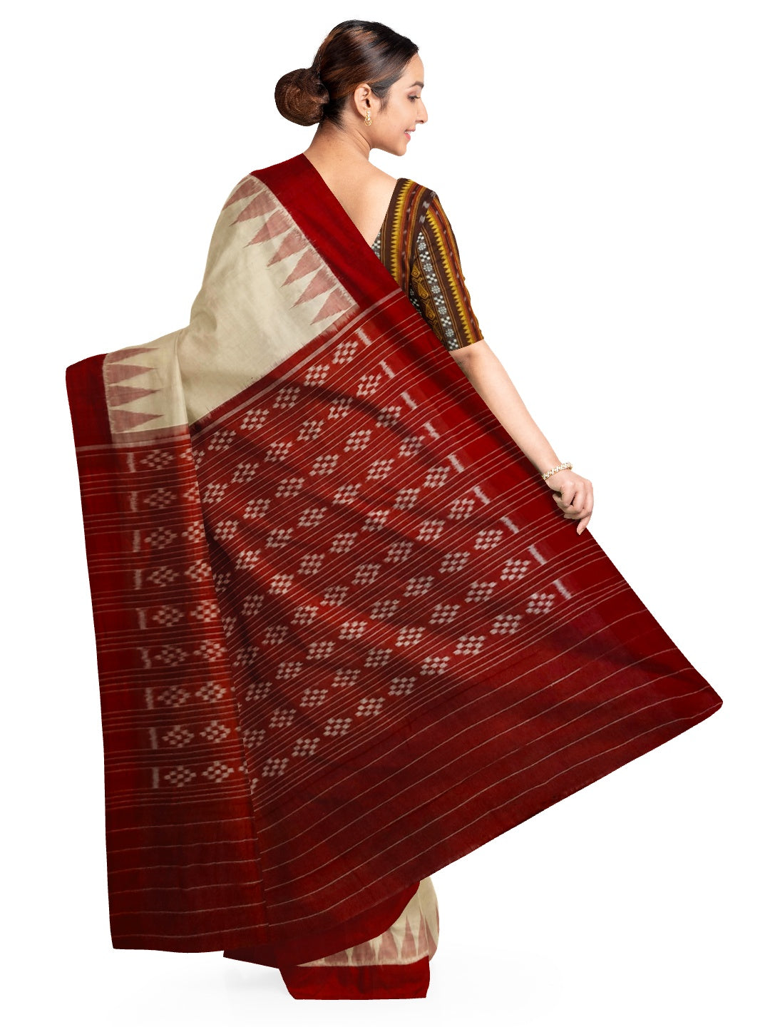 Beige with Maroon Cotton Odisha Ikat saree with mix match cotton ikat blouse piece