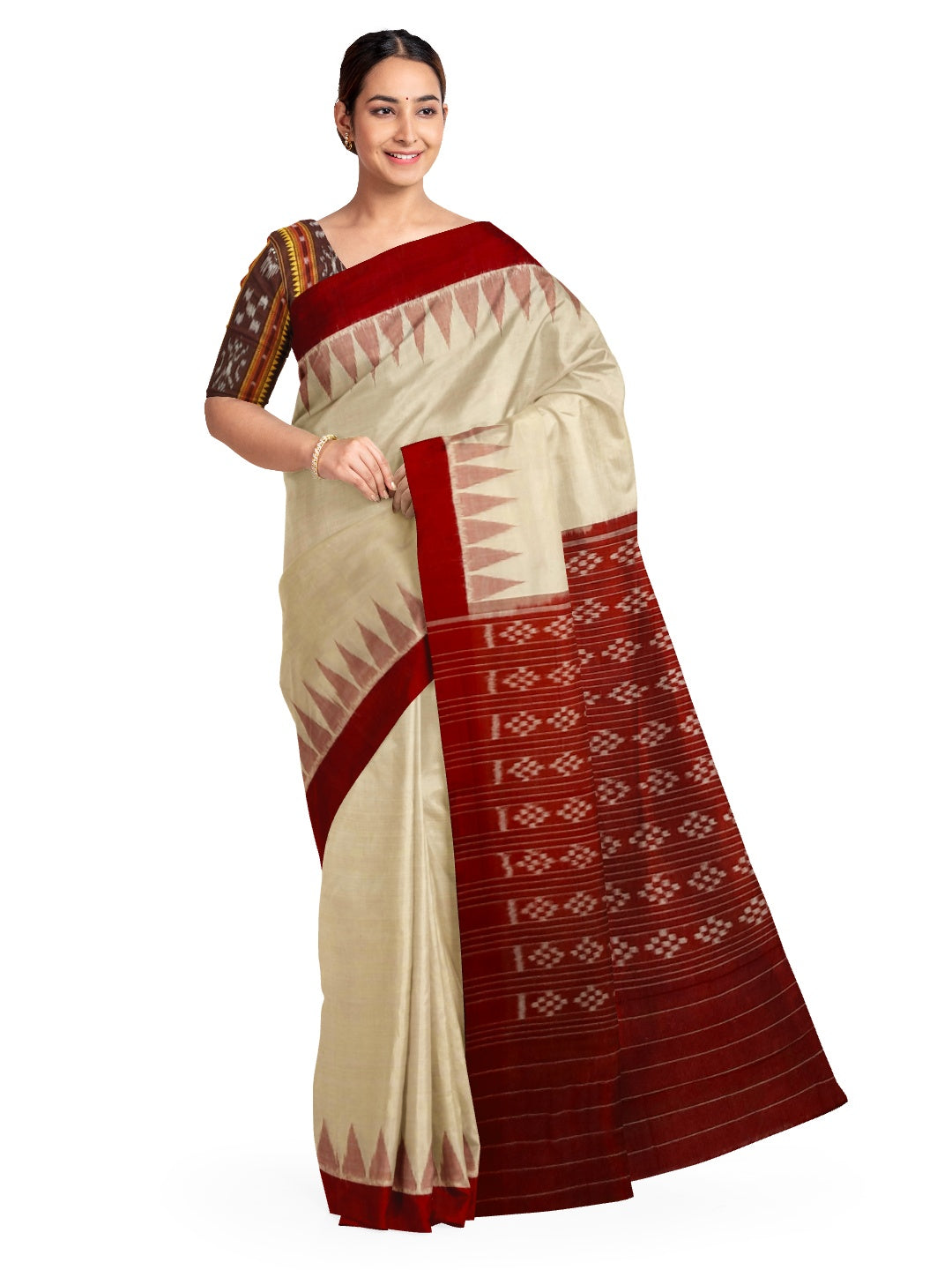 Beige with Maroon Cotton Odisha Ikat saree with mix match cotton ikat blouse piece