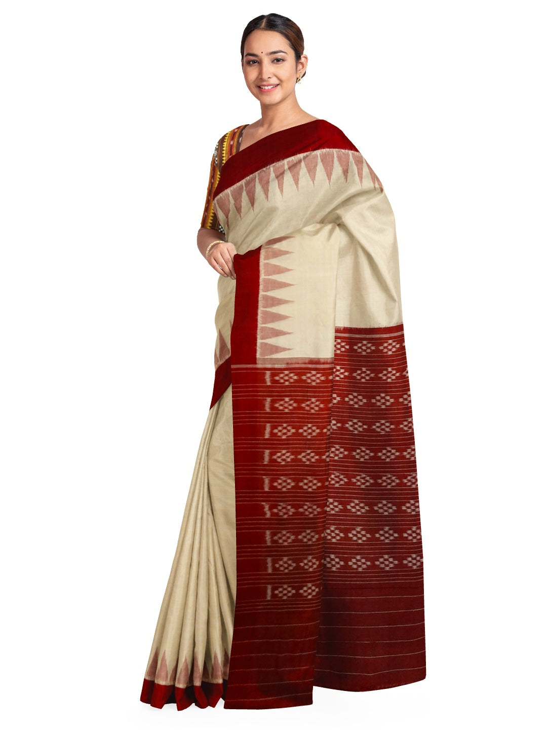 Beige with Maroon Cotton Odisha Ikat saree with mix match cotton ikat blouse piece