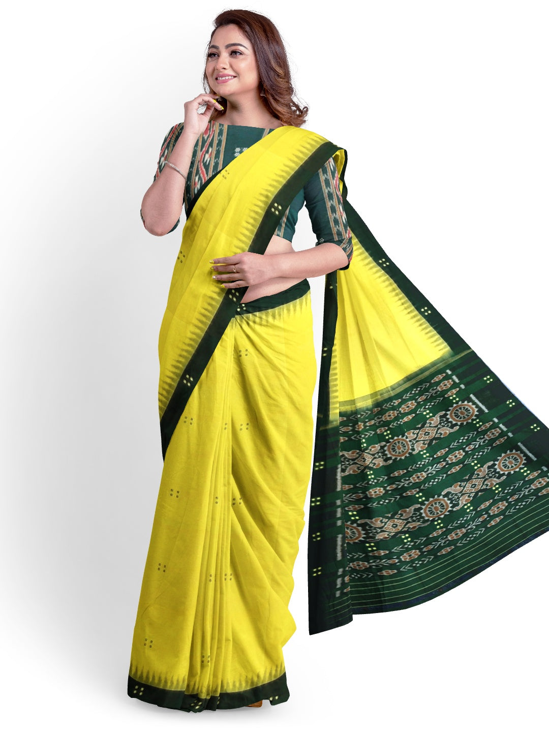 Yellow Odisha Ikat saree  with cotton ikat blouse piece