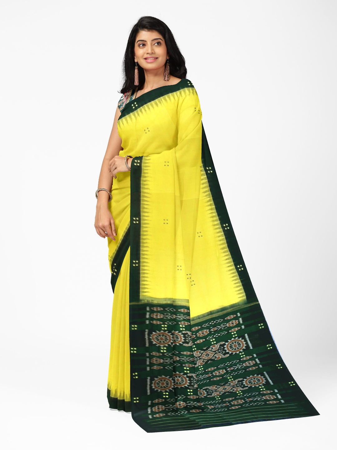 Yellow Odisha Ikat saree  with cotton ikat blouse piece