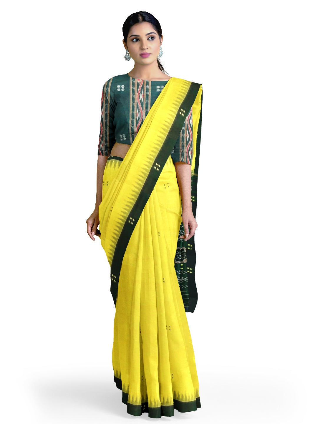 Yellow Odisha Ikat saree  with cotton ikat blouse piece