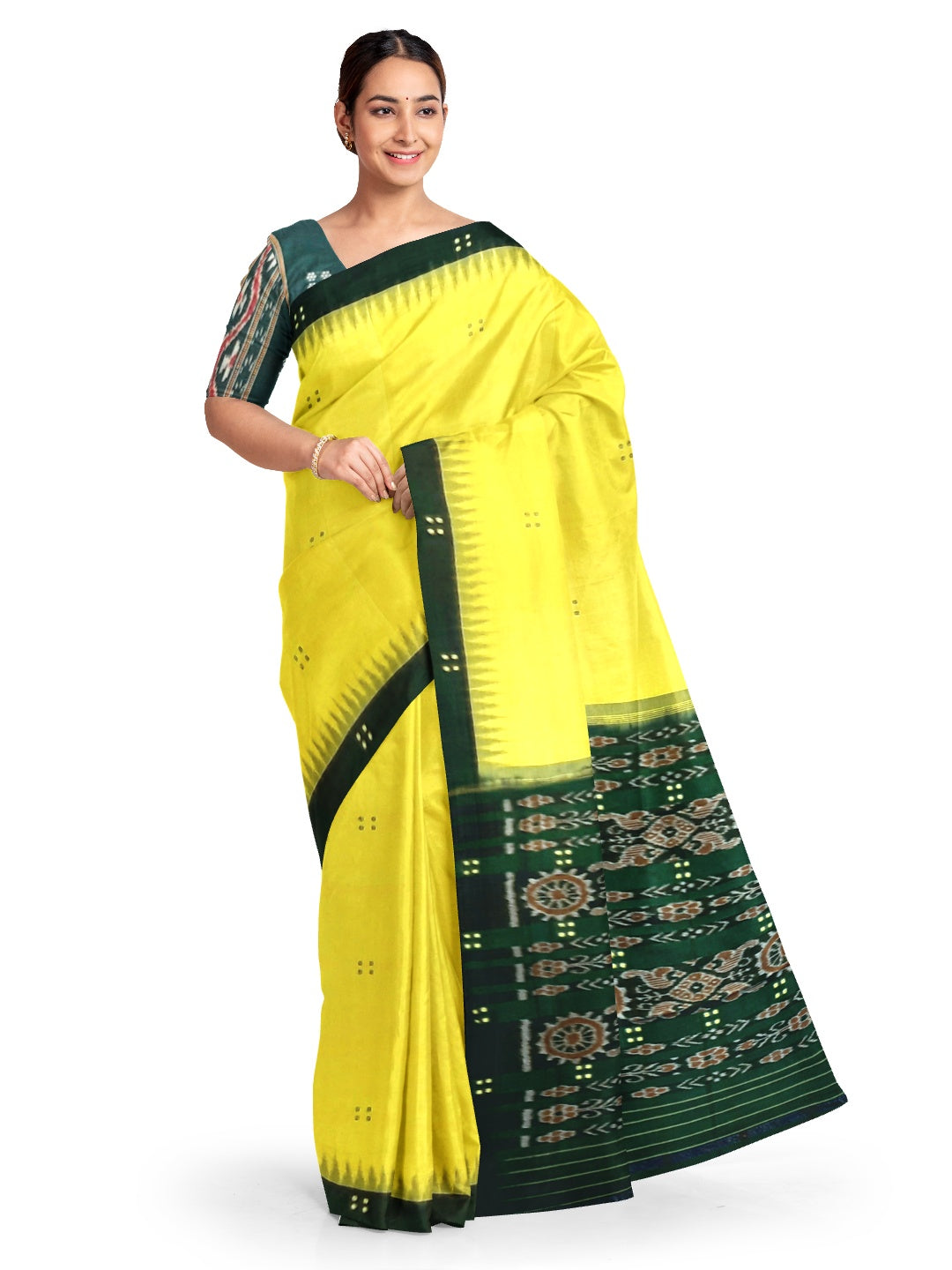 Yellow Odisha Ikat saree  with cotton ikat blouse piece