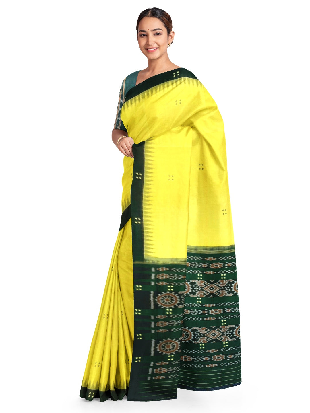 Yellow Odisha Ikat saree  with cotton ikat blouse piece