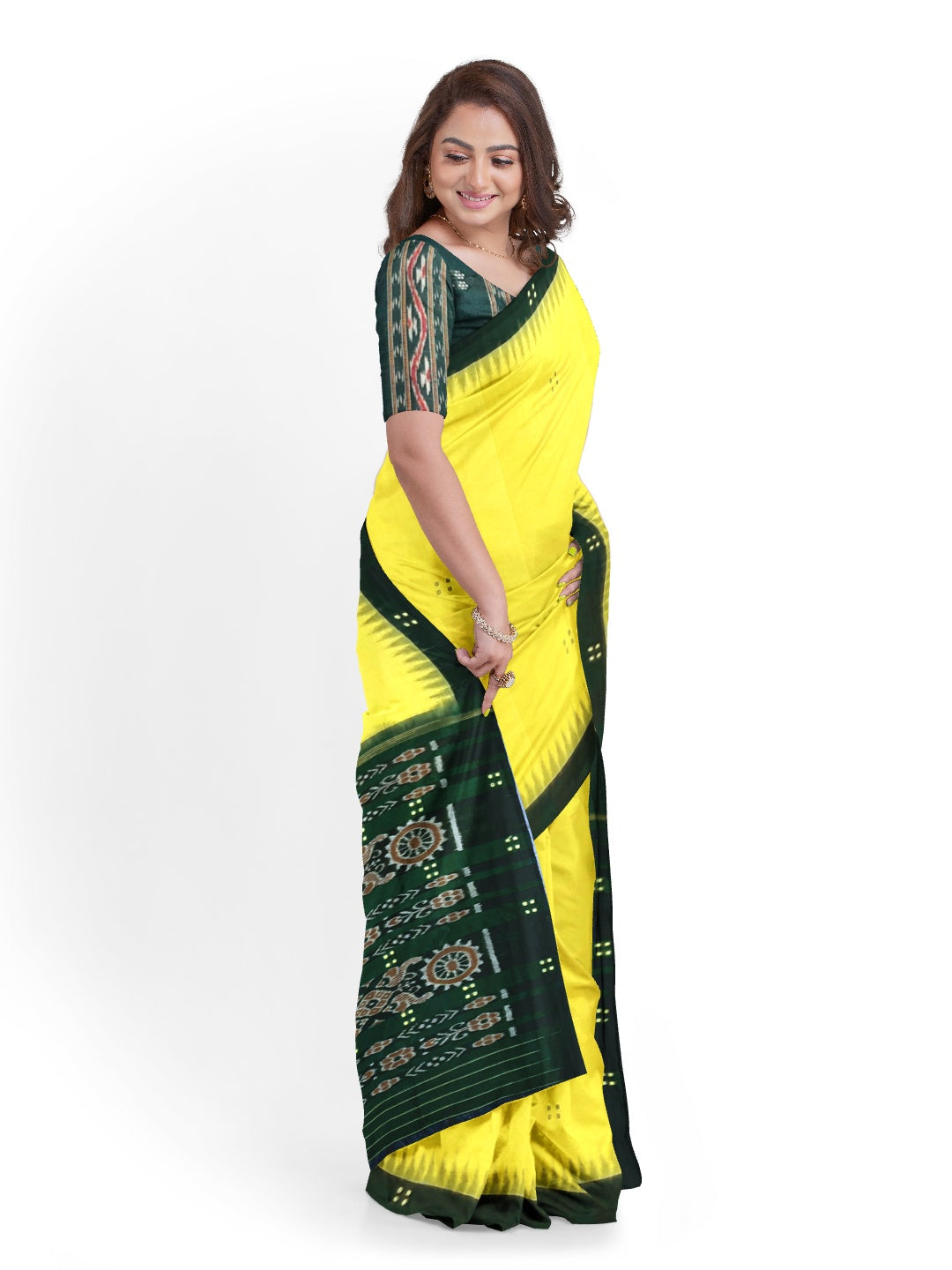Yellow Odisha Ikat saree  with cotton ikat blouse piece