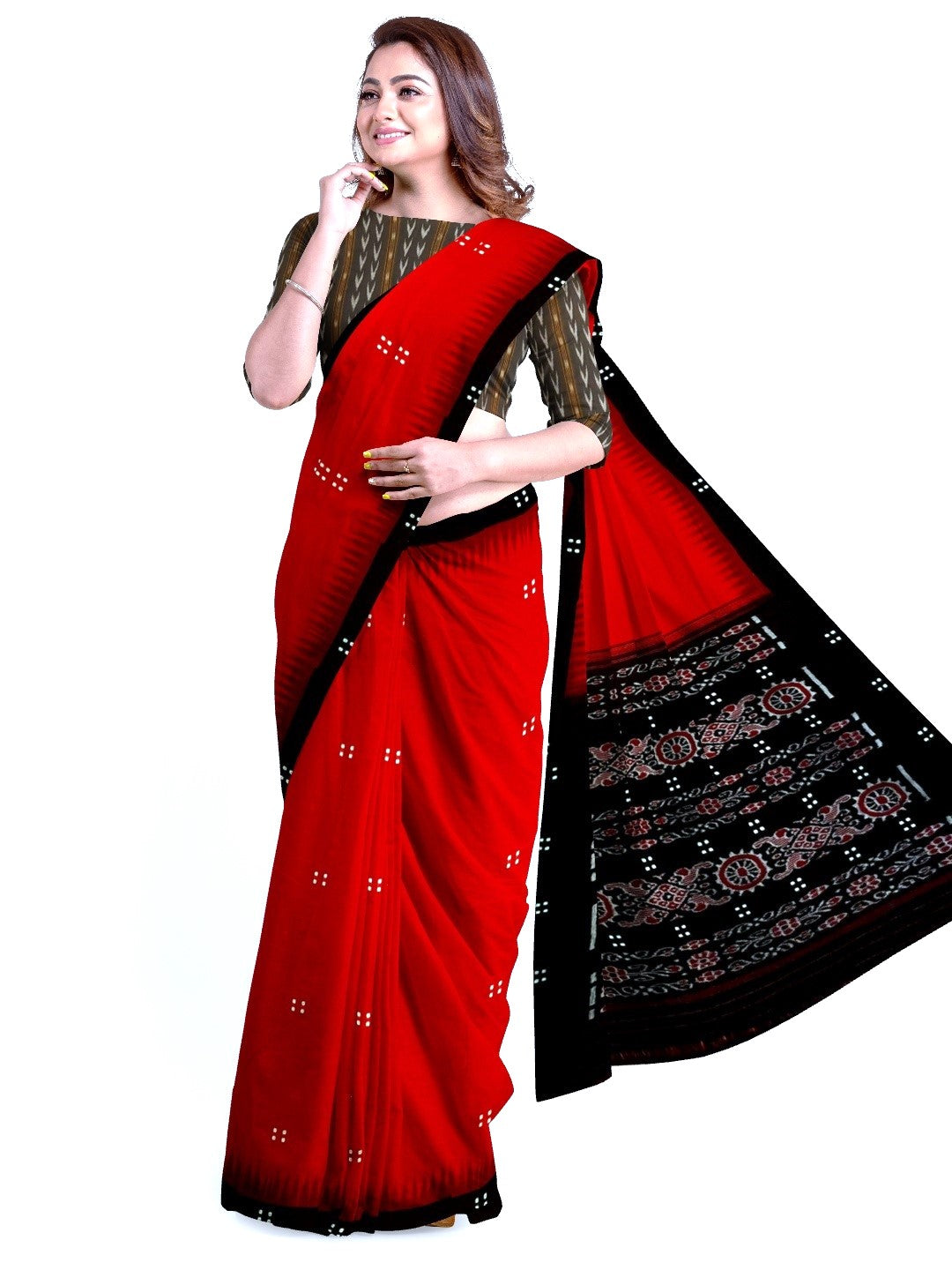 Red Odisha Ikat saree  with cotton ikat blouse piece