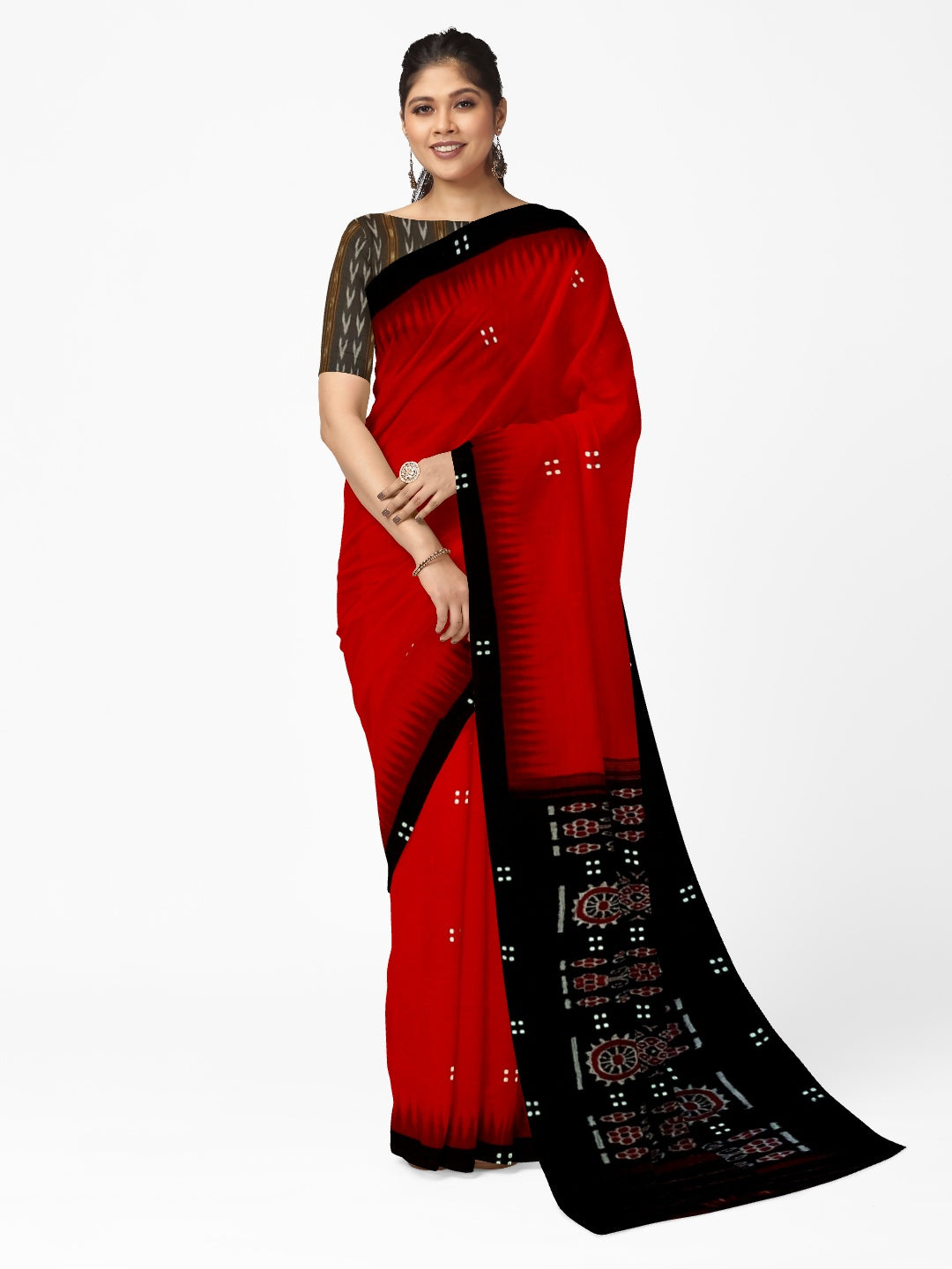 Red Odisha Ikat saree  with cotton ikat blouse piece