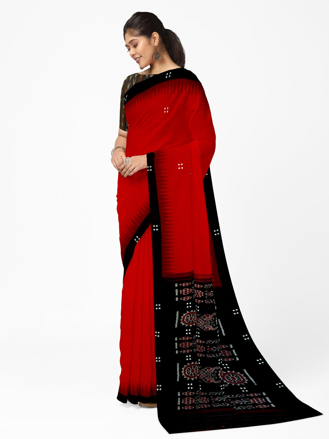 Red Odisha Ikat saree  with cotton ikat blouse piece