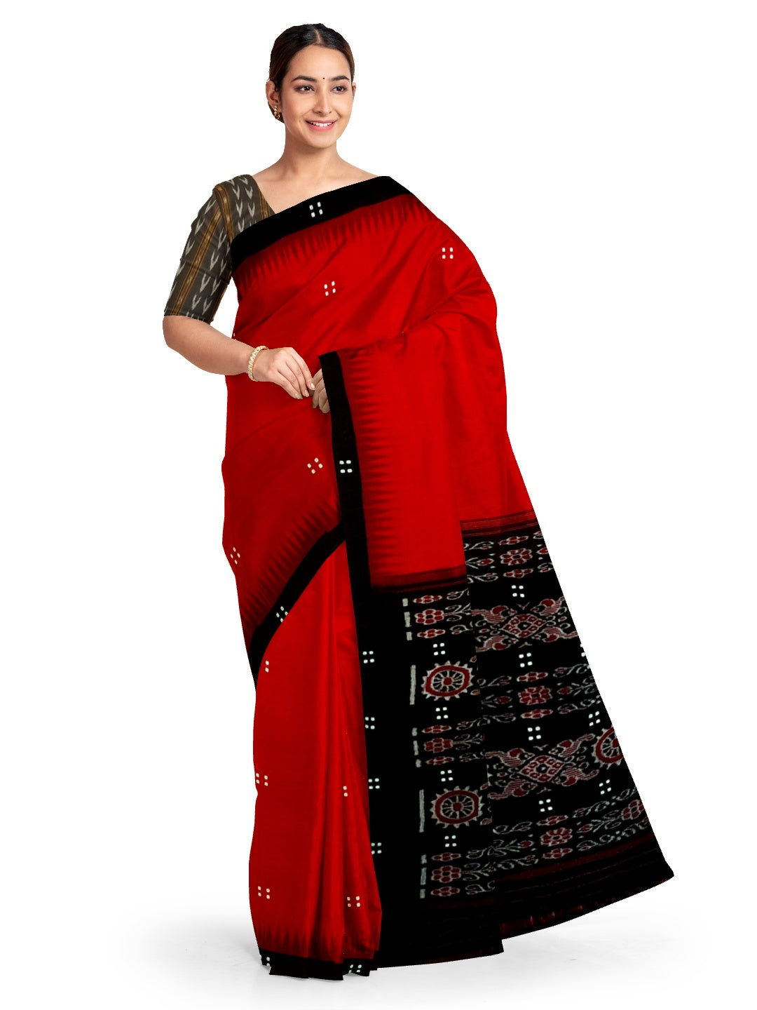 Red Odisha Ikat saree  with cotton ikat blouse piece