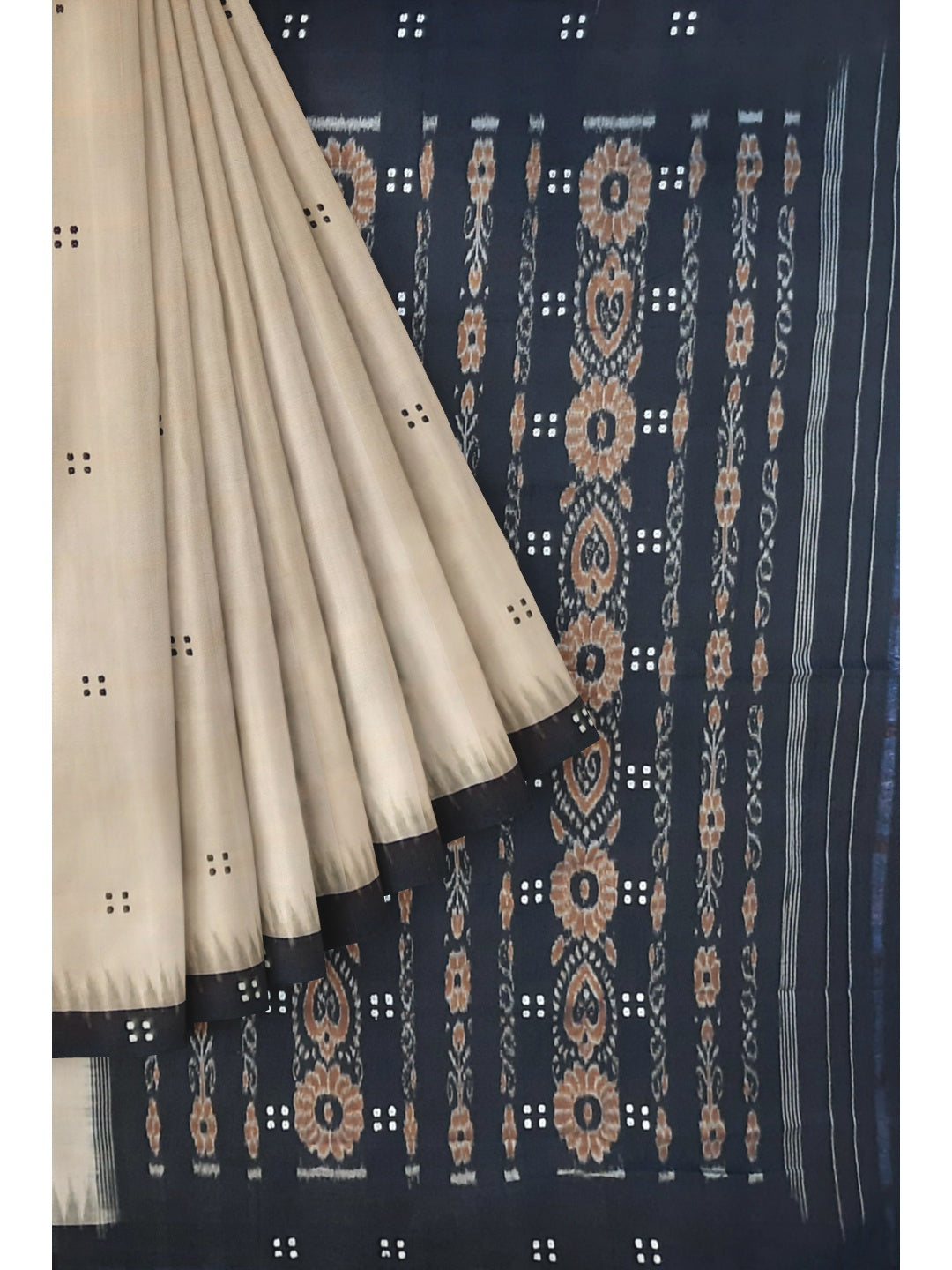 Beige with Black Cotton Odisha Ikat saree  with mix match cotton ikat blouse