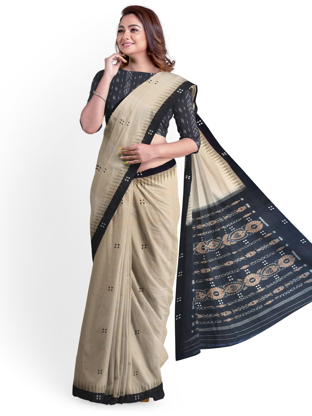 Beige with Black Cotton Odisha Ikat saree  with mix match cotton ikat blouse