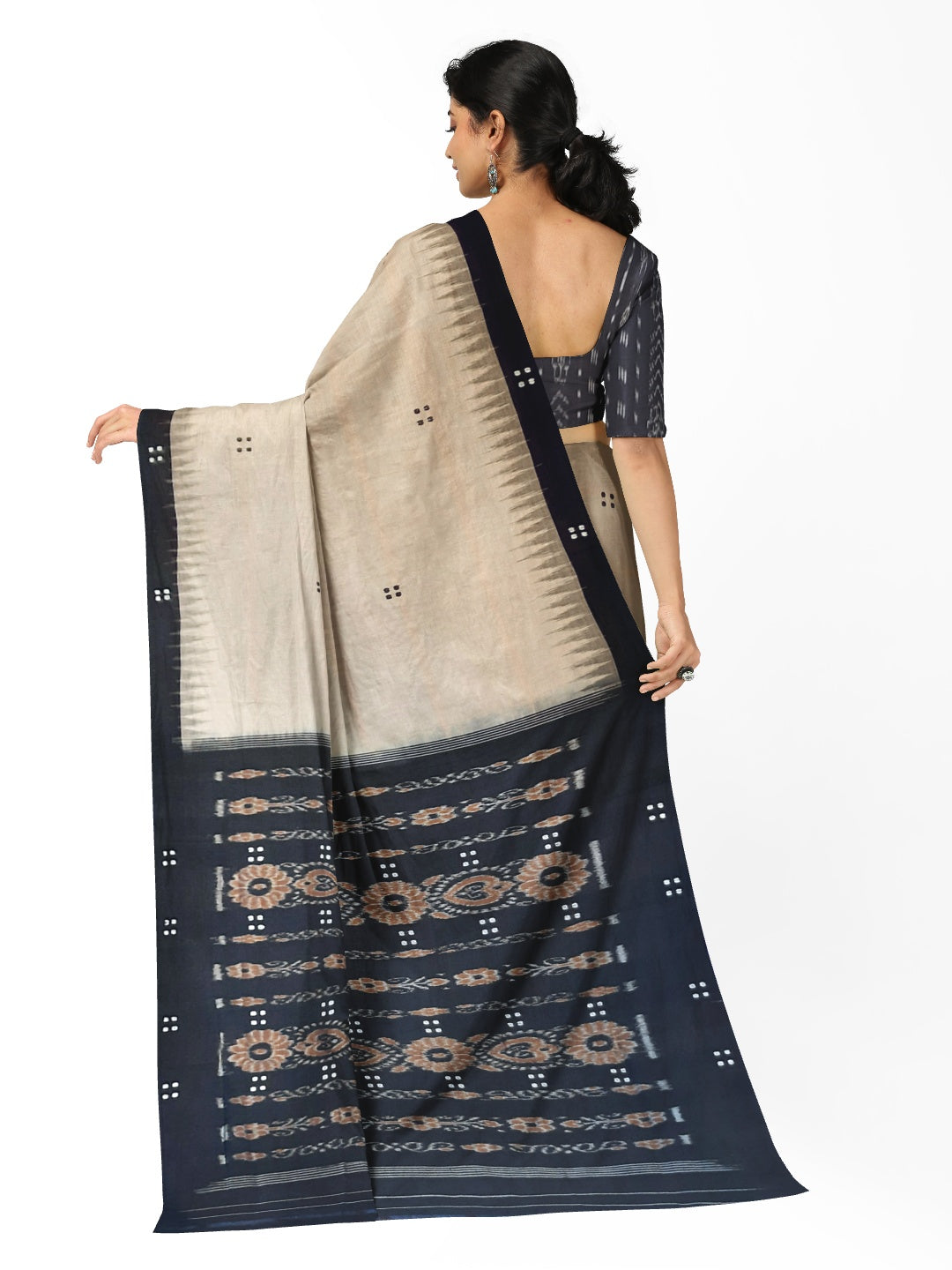 Beige with Black Cotton Odisha Ikat saree  with mix match cotton ikat blouse