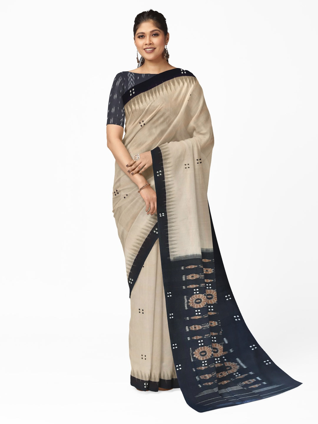 Beige with Black Cotton Odisha Ikat saree  with mix match cotton ikat blouse