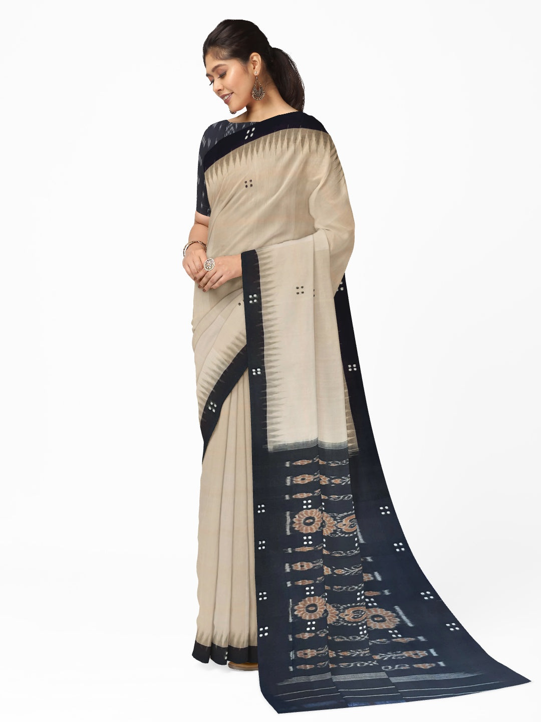 Beige with Black Cotton Odisha Ikat saree  with mix match cotton ikat blouse