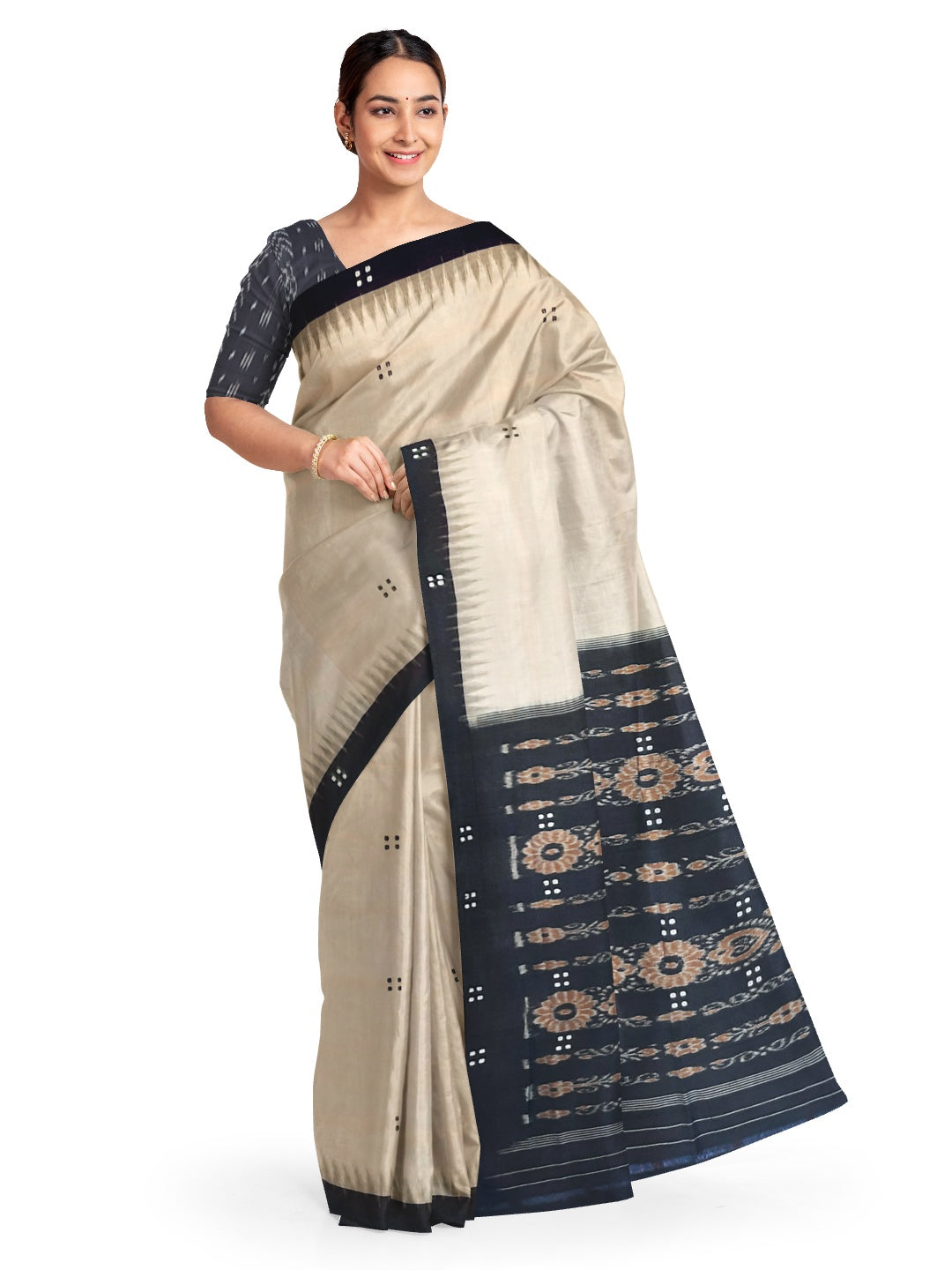 Beige with Black Cotton Odisha Ikat saree  with mix match cotton ikat blouse