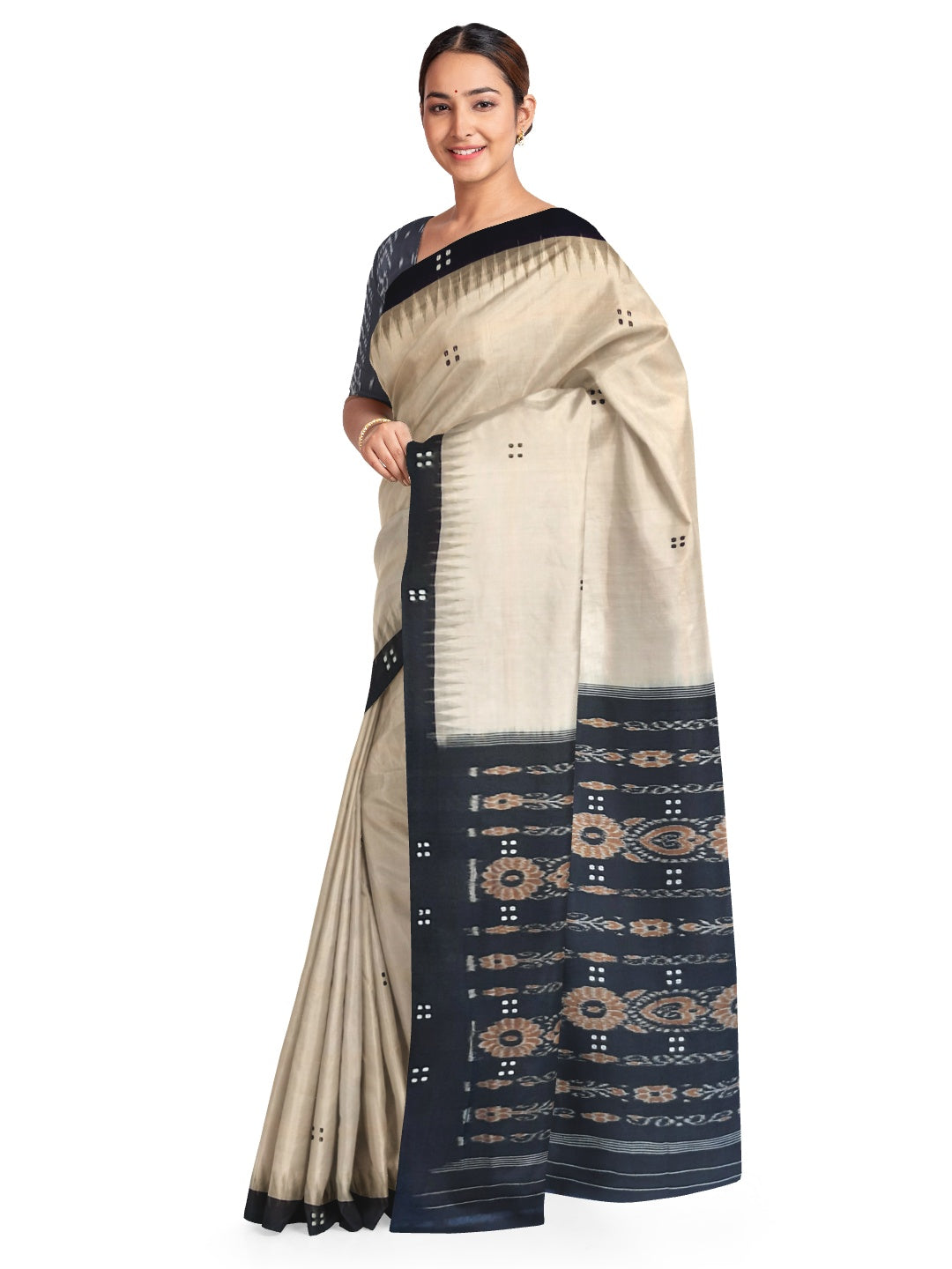 Beige with Black Cotton Odisha Ikat saree  with mix match cotton ikat blouse