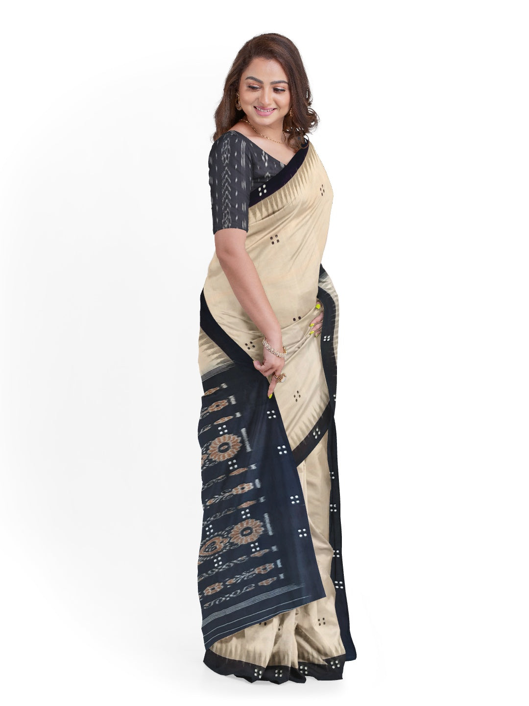 Beige with Black Cotton Odisha Ikat saree  with mix match cotton ikat blouse