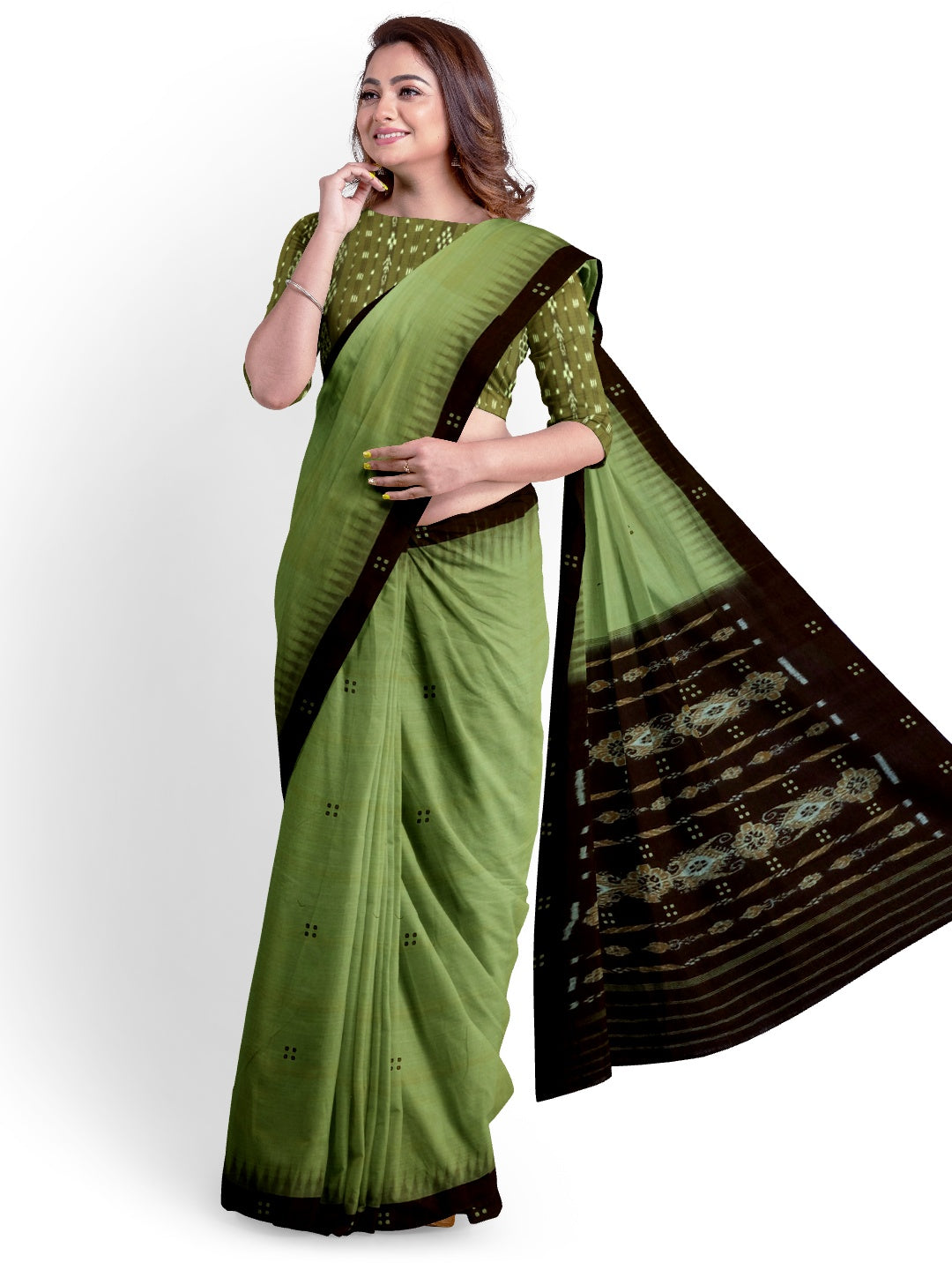 Green with black coloured Odisha Ikat saree  with cotton ikat blouse piece