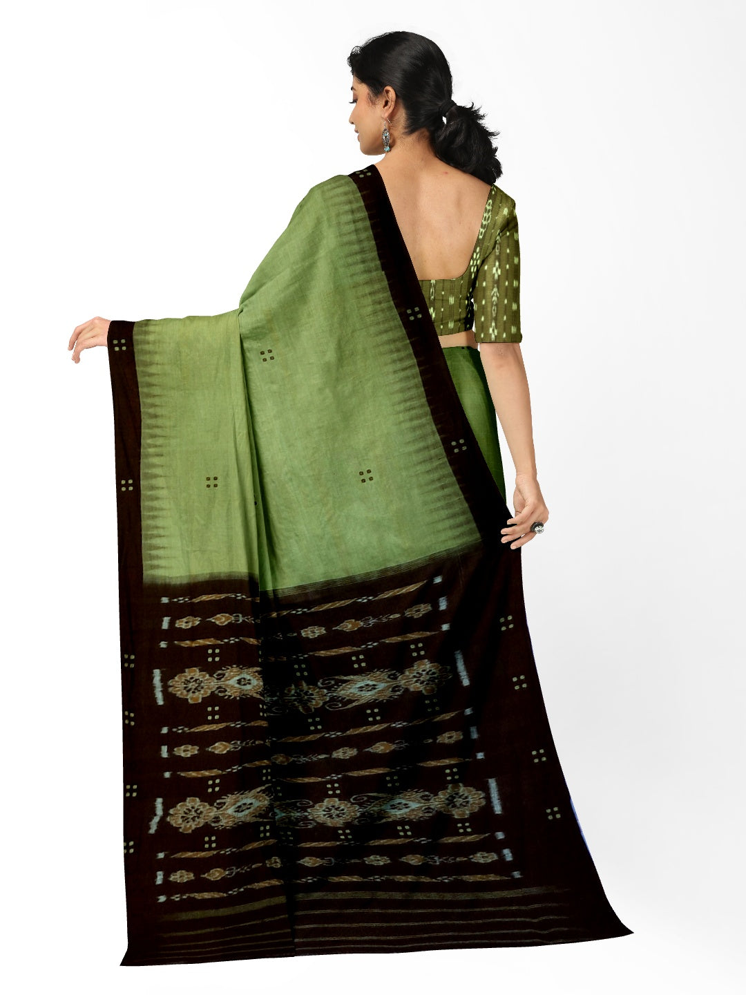 Green with black coloured Odisha Ikat saree  with cotton ikat blouse piece