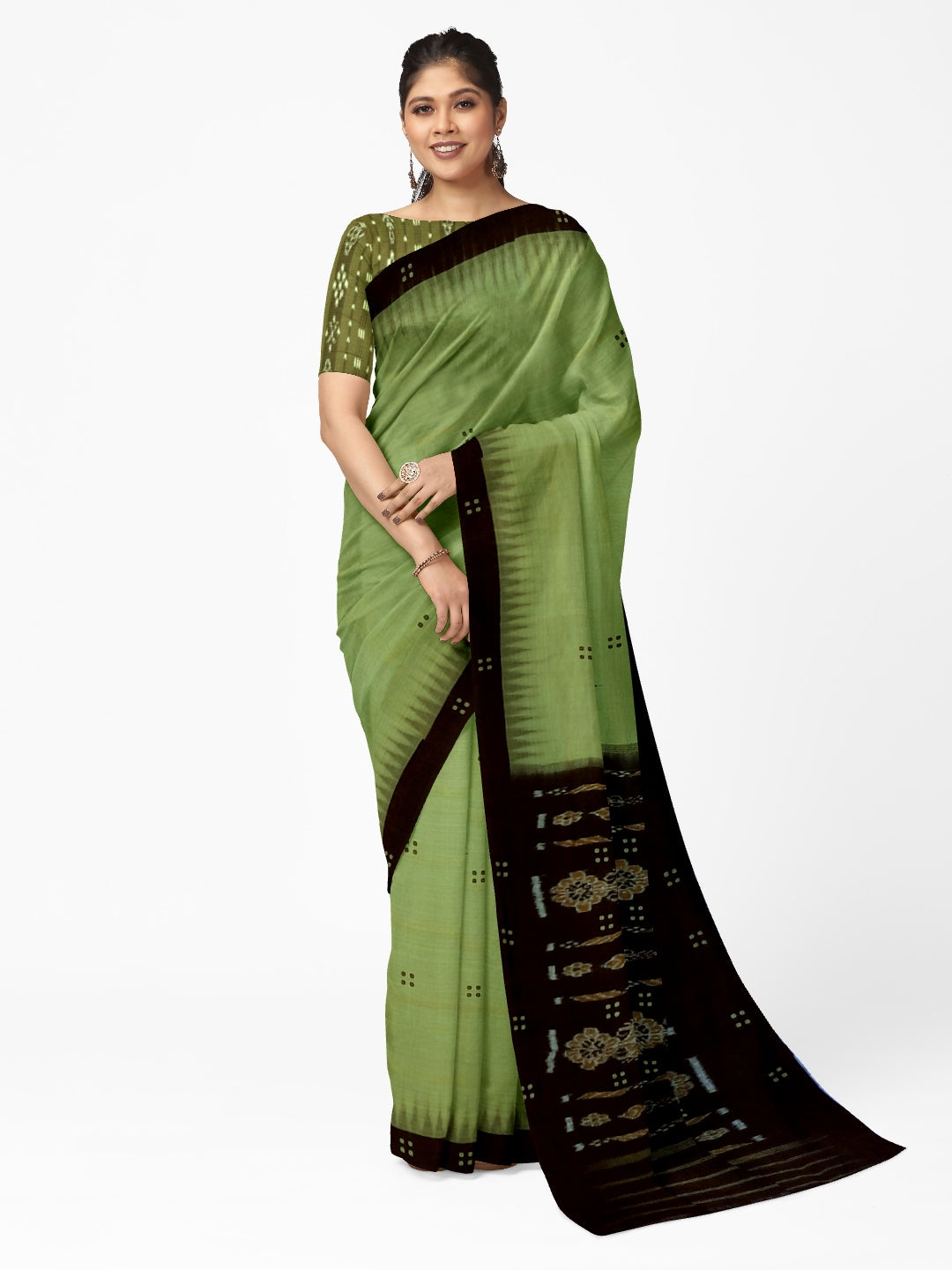 Green with black coloured Odisha Ikat saree  with cotton ikat blouse piece