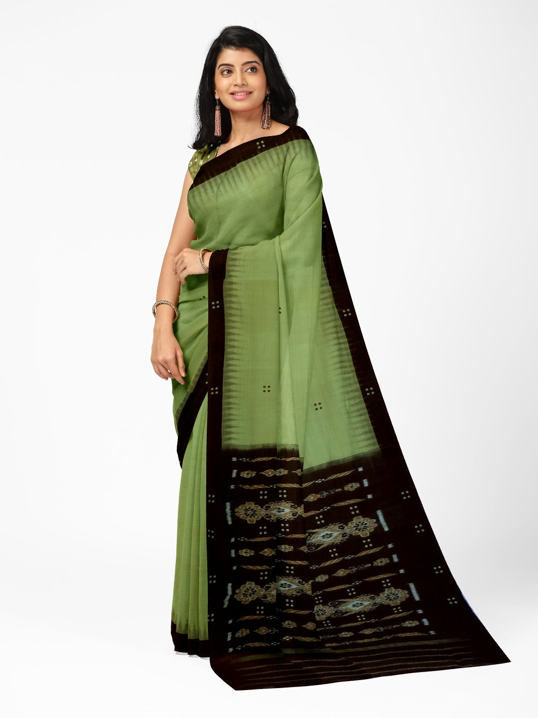 Green with black coloured Odisha Ikat saree  with cotton ikat blouse piece