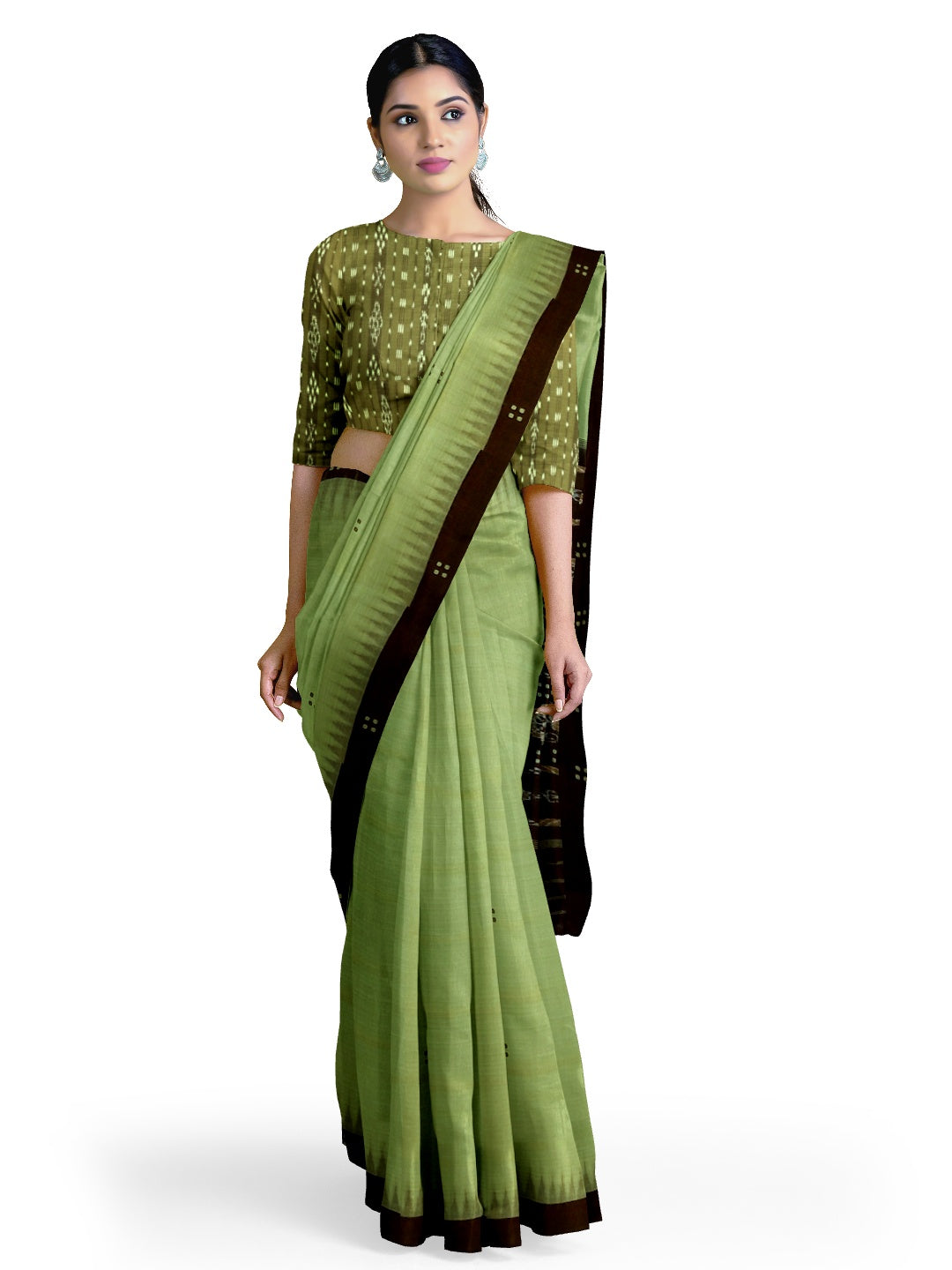 Green with black coloured Odisha Ikat saree  with cotton ikat blouse piece