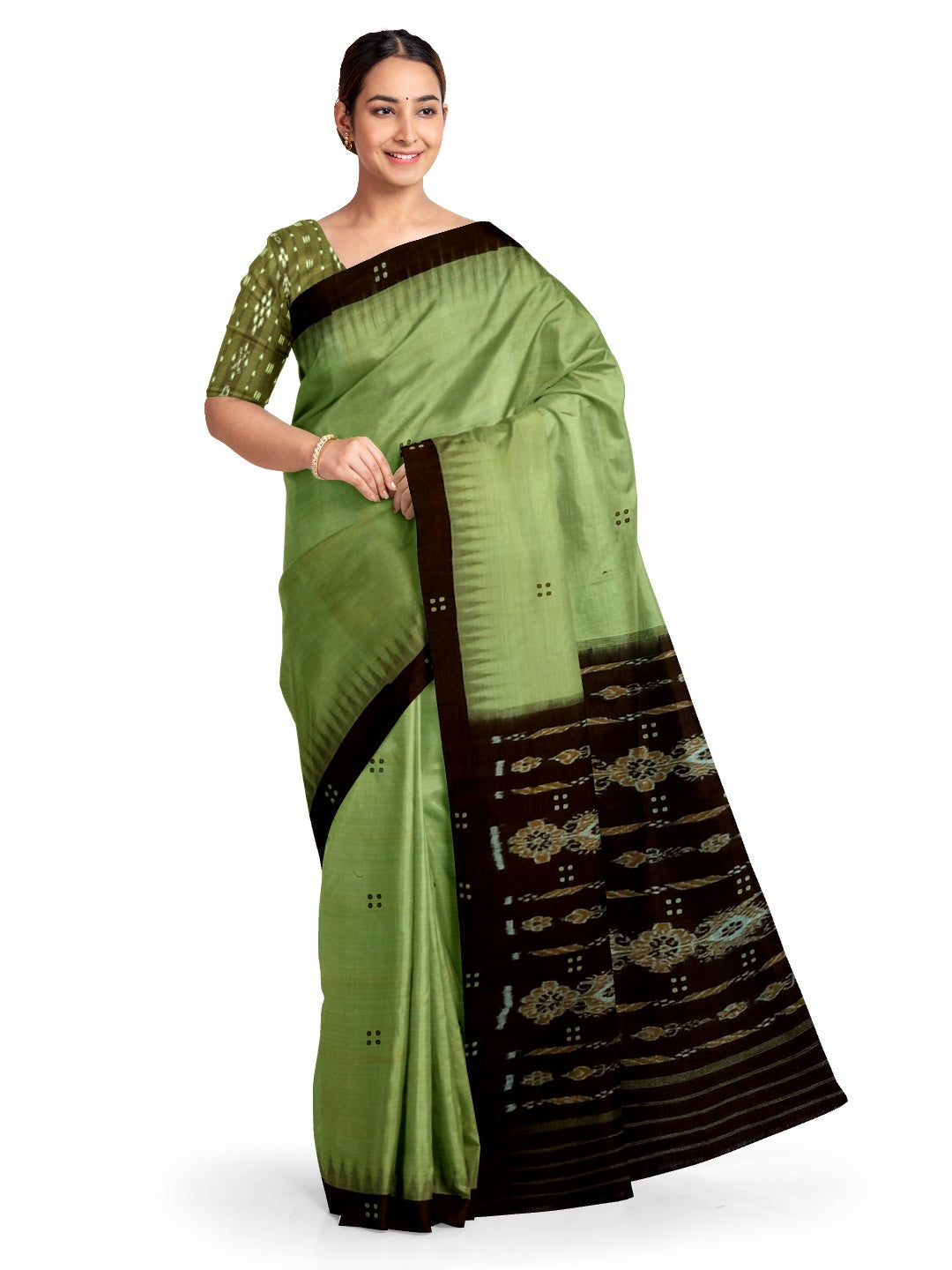 Green with black coloured Odisha Ikat saree  with cotton ikat blouse piece