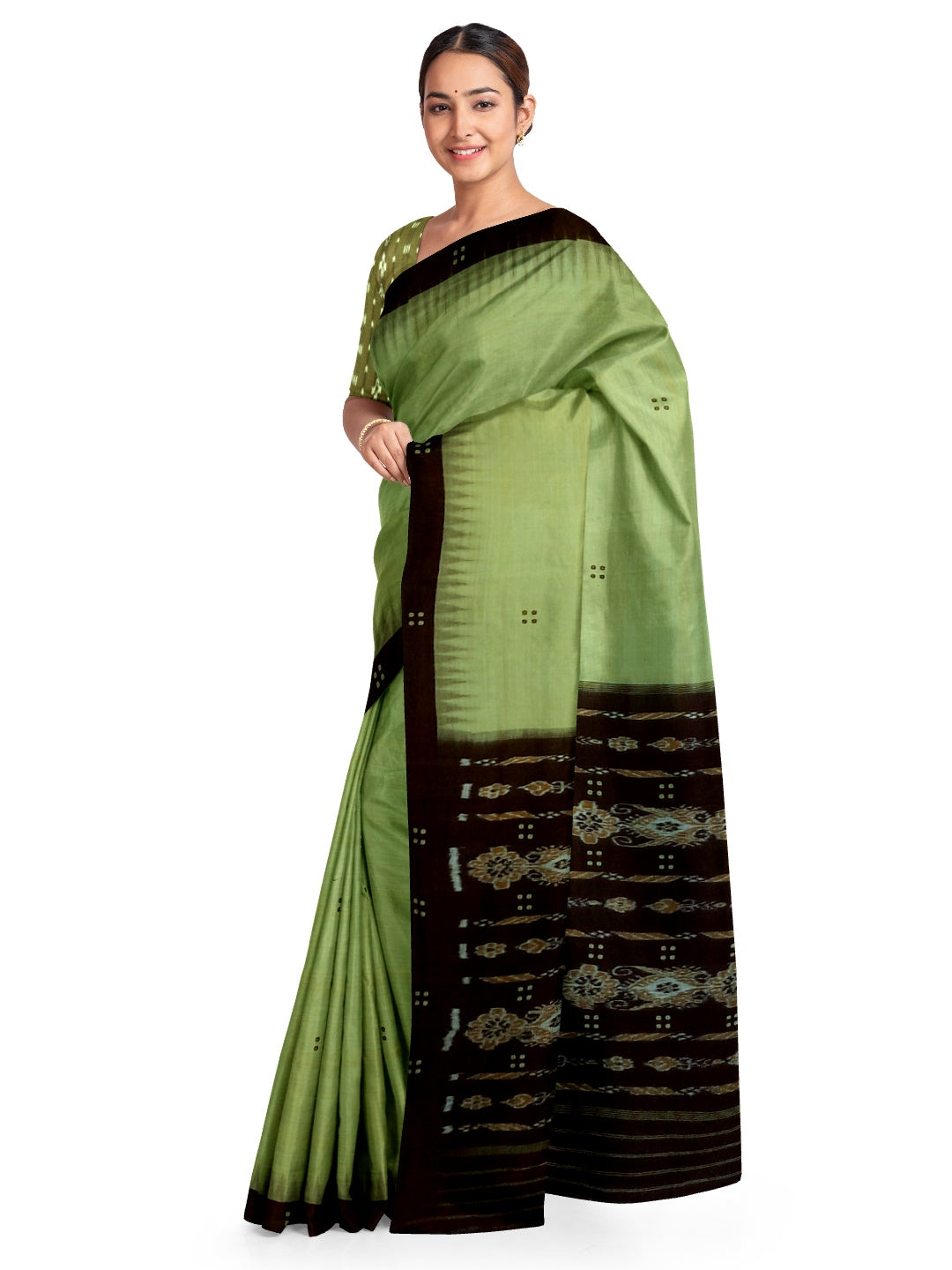 Green with black coloured Odisha Ikat saree  with cotton ikat blouse piece