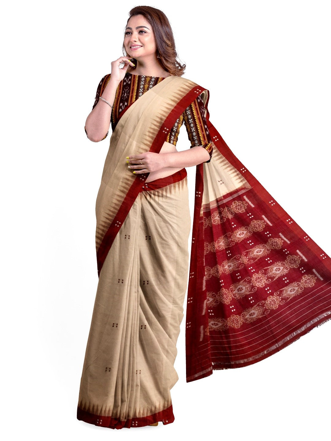 Beige withMaroon Cotton Odisha Ikat saree  with mix match cotton ikat blouse