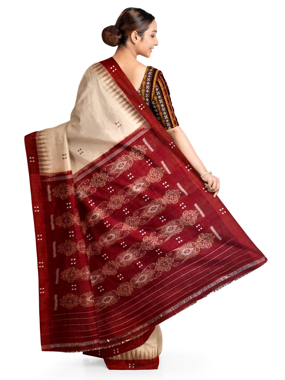 Beige withMaroon Cotton Odisha Ikat saree  with mix match cotton ikat blouse