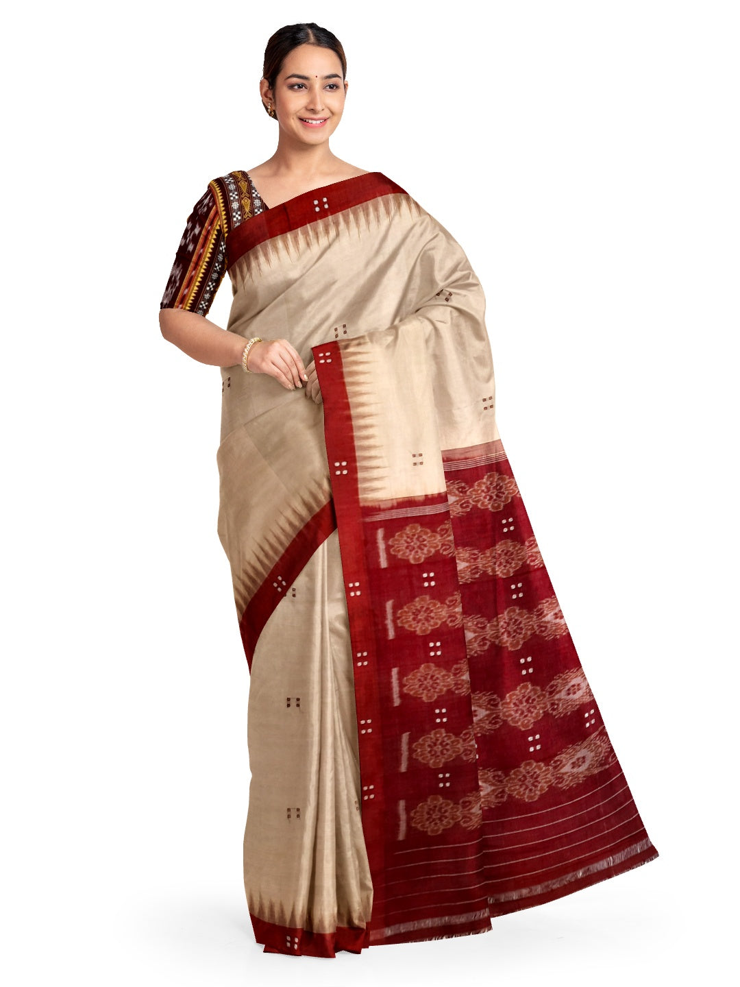 Beige withMaroon Cotton Odisha Ikat saree  with mix match cotton ikat blouse