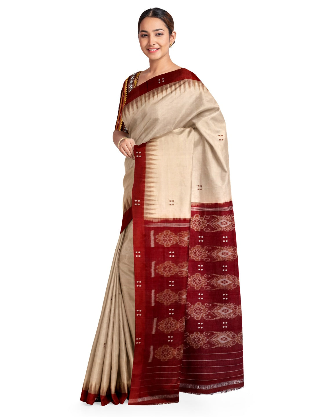 Beige withMaroon Cotton Odisha Ikat saree  with mix match cotton ikat blouse