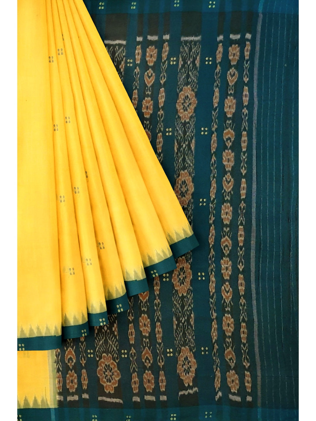 Yellow with Green coloured Odisha Ikat saree  with cotton ikat blouse piece