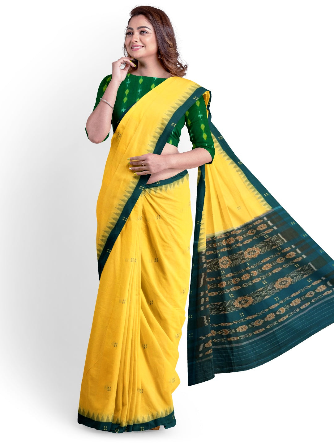 Yellow with Green coloured Odisha Ikat saree  with cotton ikat blouse piece